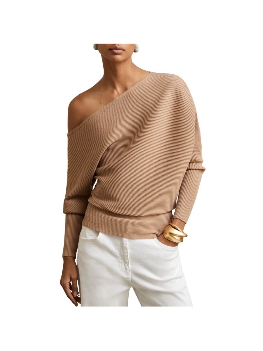 Reiss Off-Shoulder Ribbed Sweater - Beige